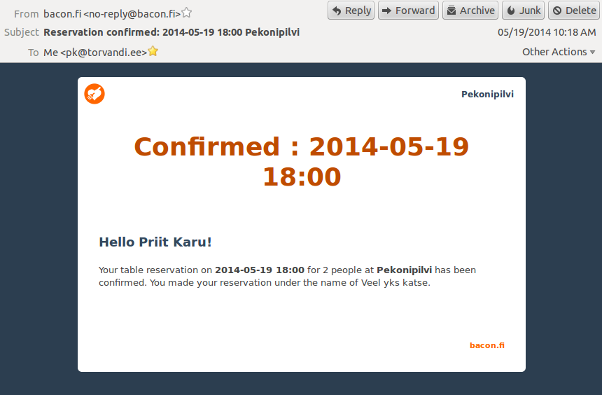 Bacon.fi confirmation email